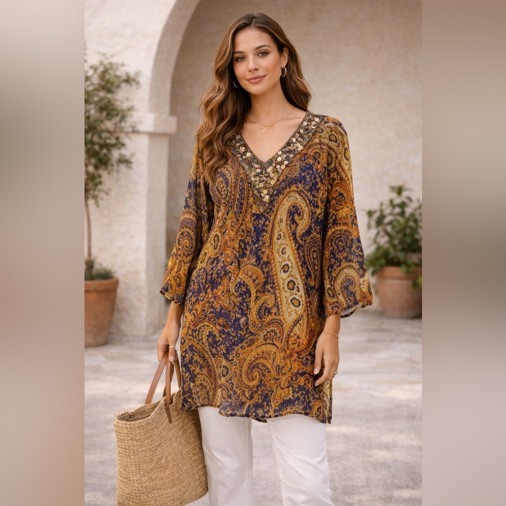 Soft Surroundings Blue Brown Paisley Sheer Beaded Long Sleeve Tunic M